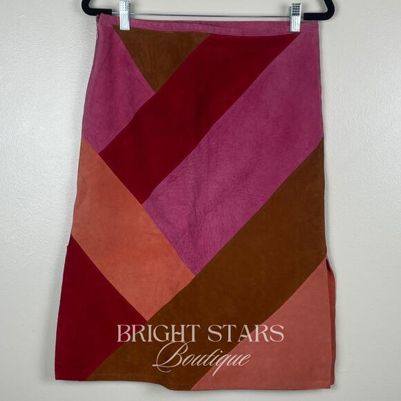 Rare Colorblock Suede Skirt ASO Phoebe Buffay Friends Pink Red Brown Patchwork - Picture 6 of 11